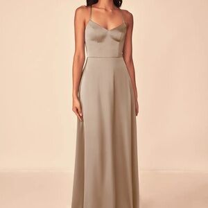 Taupe A-Line V-Neck Stretch Satin Dress